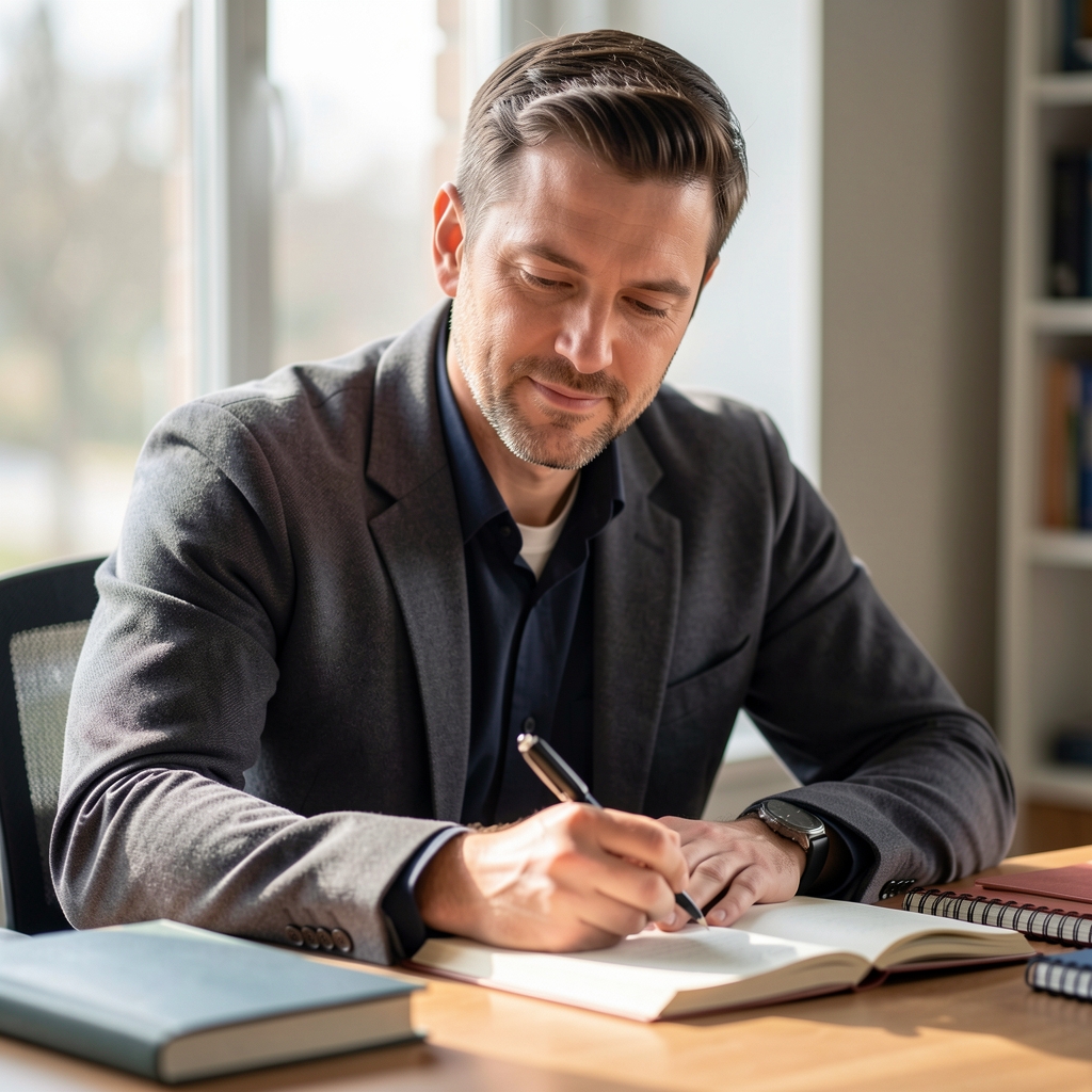 Editorial portrait of a man journalling at a desk with natural window light and supplement notebooks visible