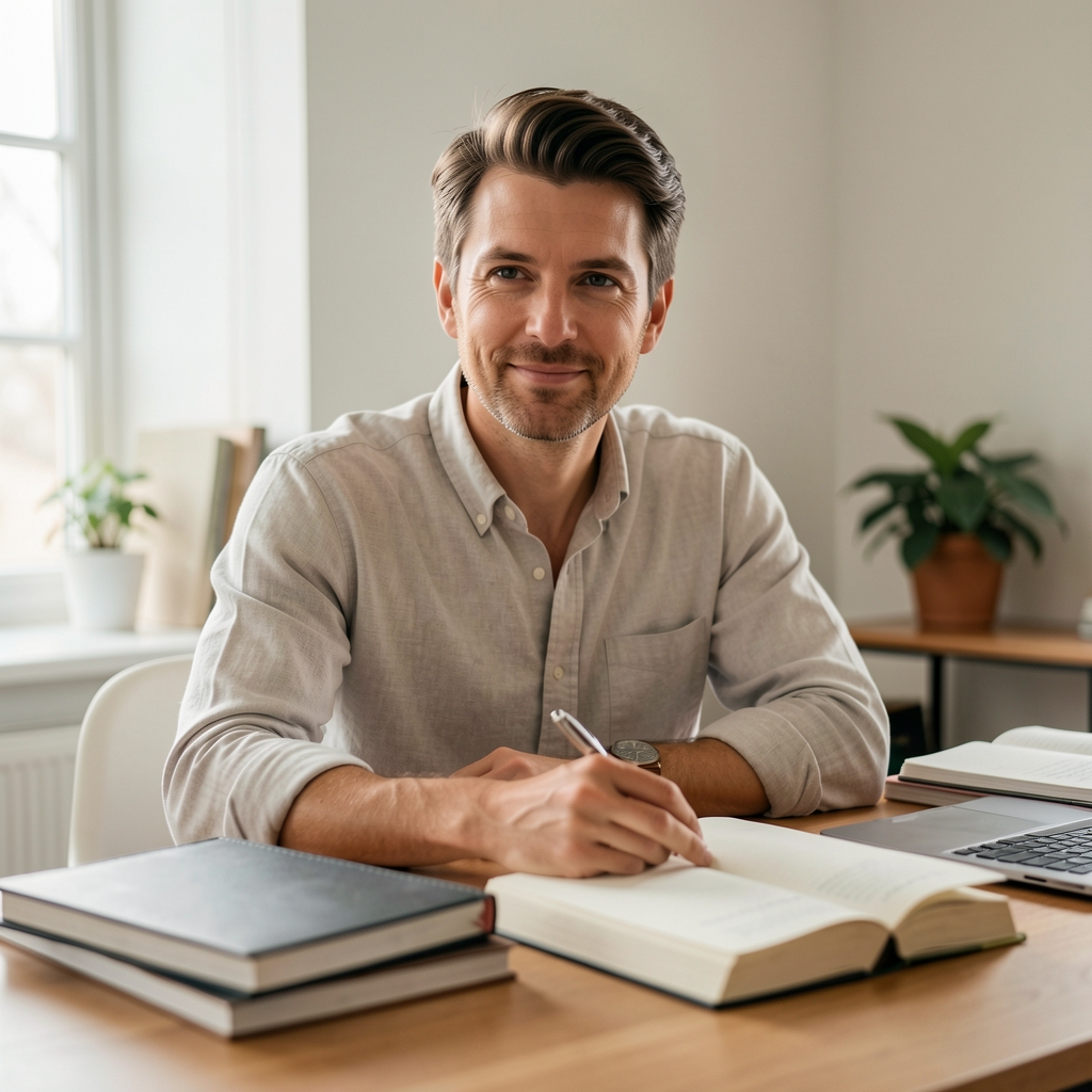 Contributing writer Reza Pratama at a desk with notebooks, soft natural light editorial setting