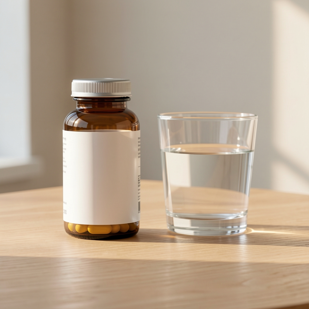 Vitamin D supplement bottle and glass of water on a minimal wooden surface, morning light