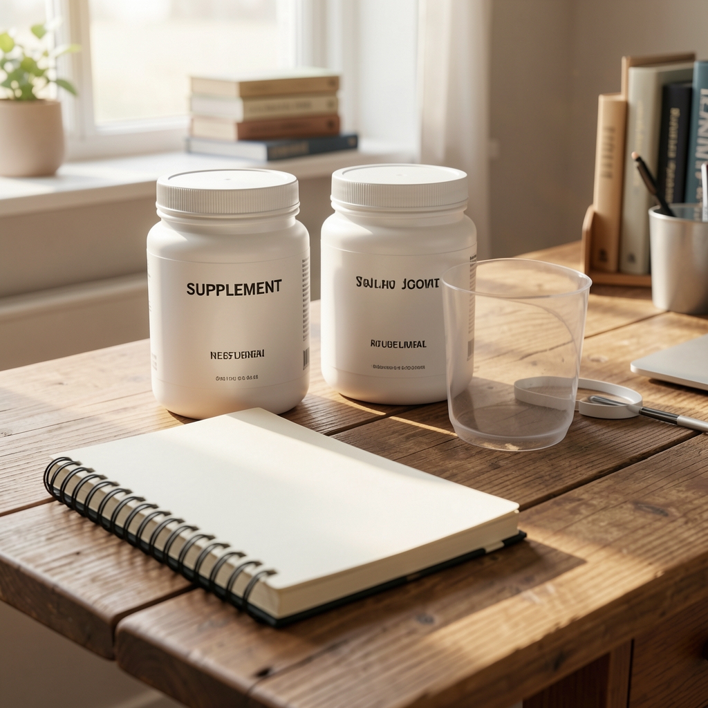 Open supplement containers arranged on a wooden desk with notebook and pen, editorial flat lay composition, warm natural light