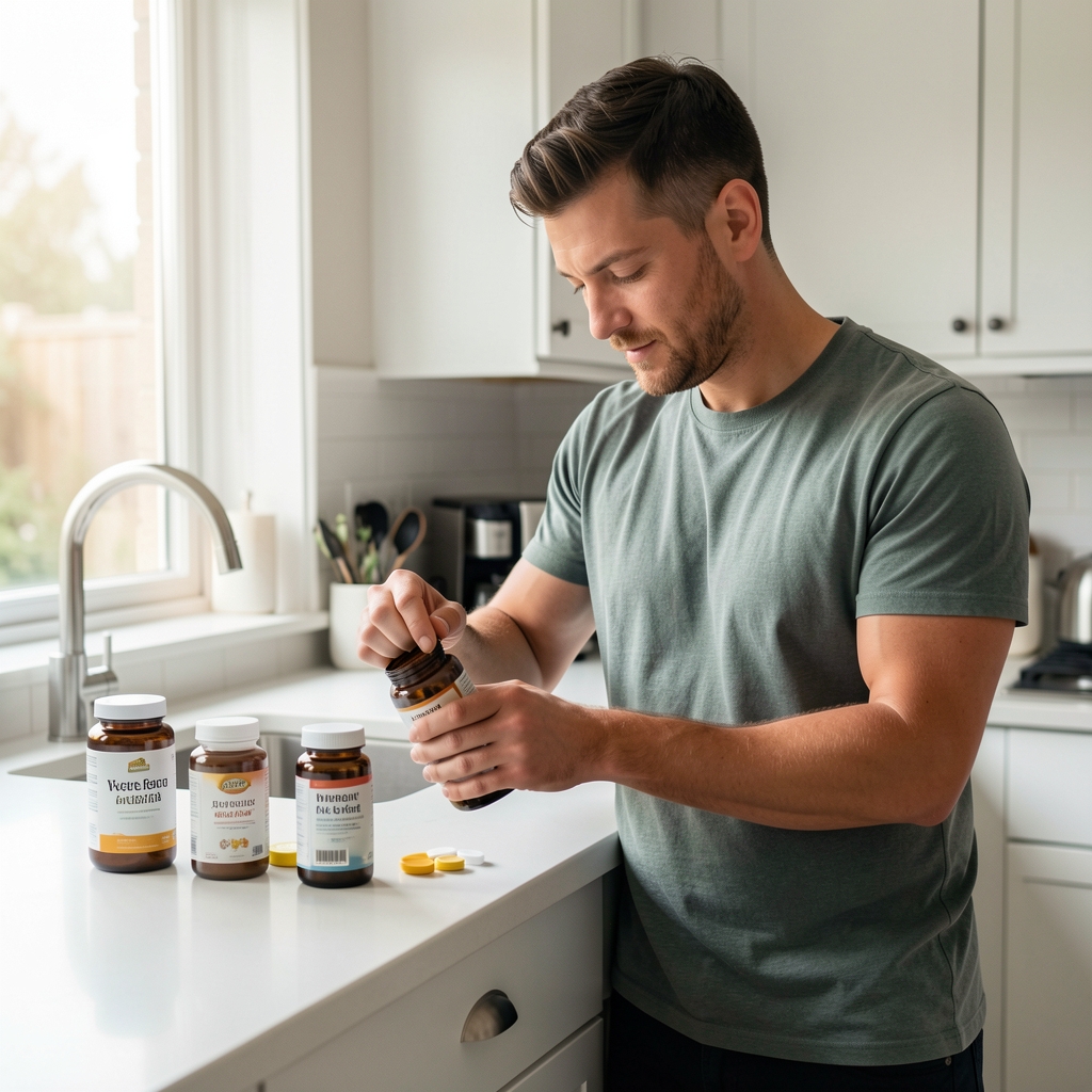 Man preparing morning supplement routine on a clean kitchen bench, editorial natural light composition