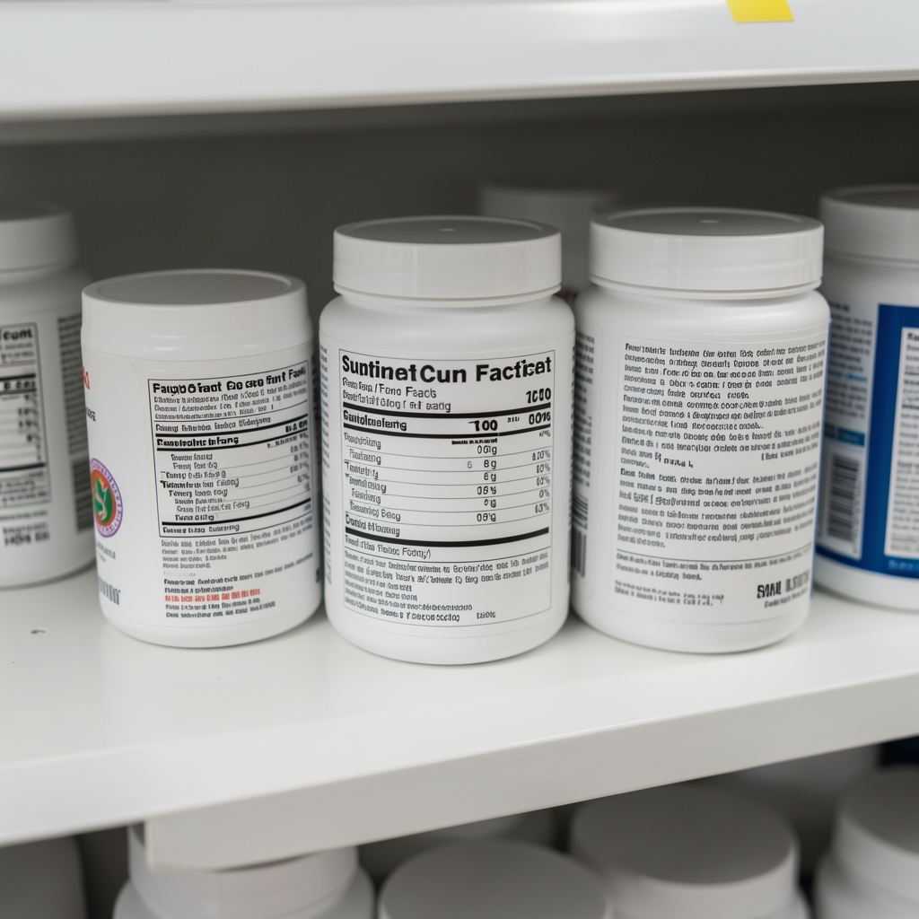 Close-up of supplement label containers on a clean shelf surface, editorial overhead composition