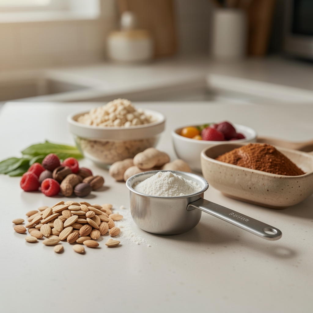 Row of supplement bottles on a clean wooden shelf, editorial composition with soft diffused light, minimal background