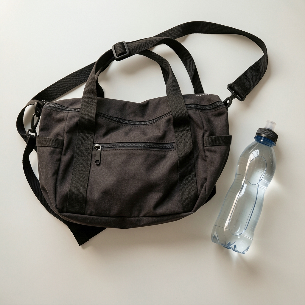 Gym bag and water bottle arranged on a clean light surface, active lifestyle editorial flat lay